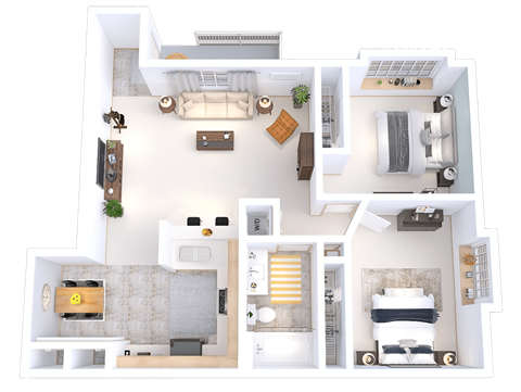 Floor plan for 2 beds, 1 bath, 987 sqft